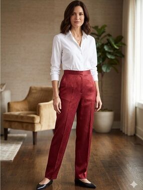 Linden Hill Small 100% Silk Red Textured Satin High Rise Straight Dress Pant S